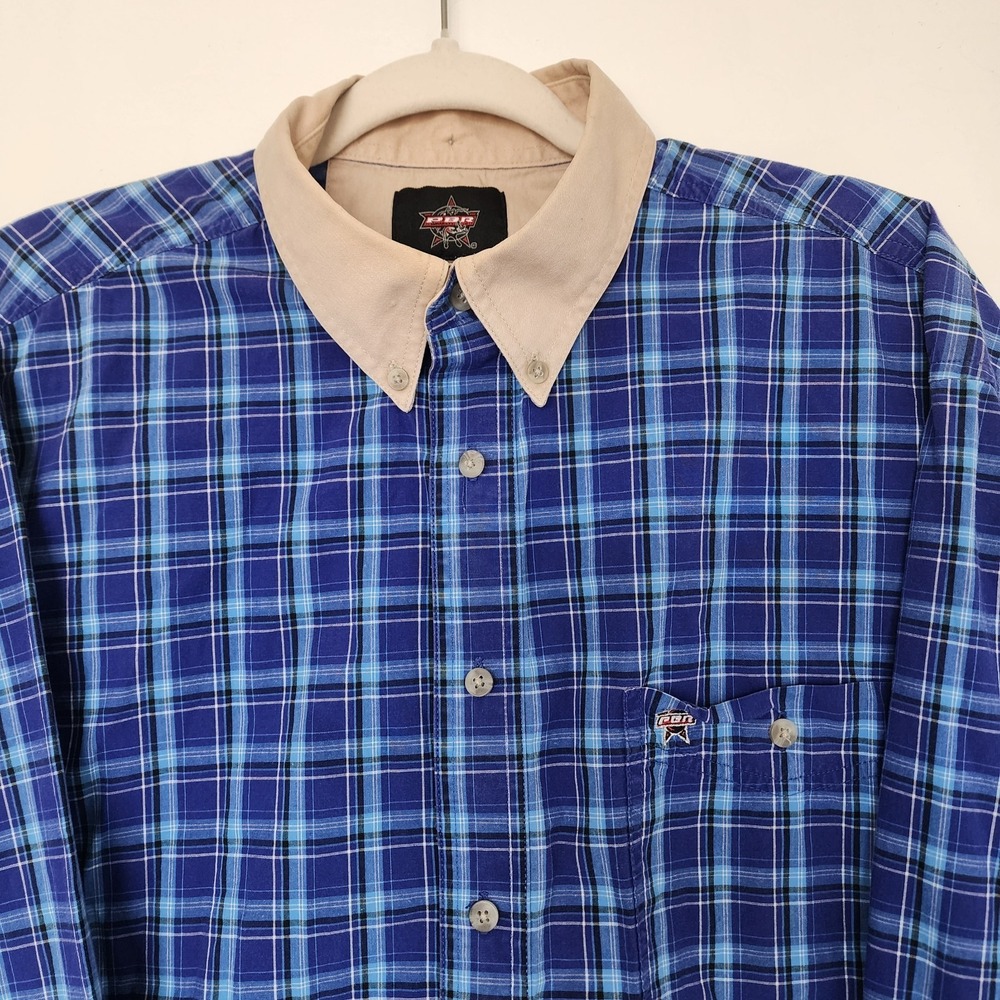 PBR Rodeo Western Shirt Mens XL Blue Plaid Button Down Long Sleeve Cotton